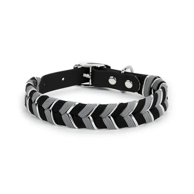 Braided dog collar with chevron pattern in cream and brown, featuring a cream strap and gold-tone metal buckle. - Image 13