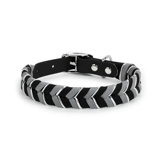 Braided dog collar with chevron pattern in cream and brown, featuring a cream strap and gold-tone metal buckle. - Image 13