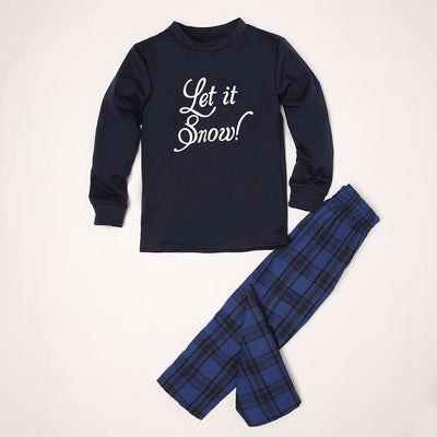 Dark blue long-sleeve pajama set with "Let it Snow!" script top and blue and black plaid pants. - Image 2