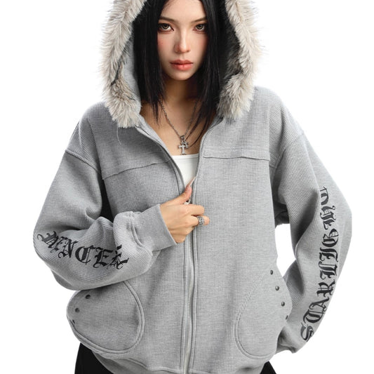 Cardigan Mujer con Cuello de Pelaje Desmontable y Cierre de Cremallera