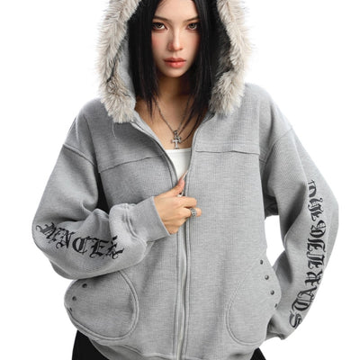 Cardigan Mujer con Cuello de Pelaje Desmontable y Cierre de Cremallera