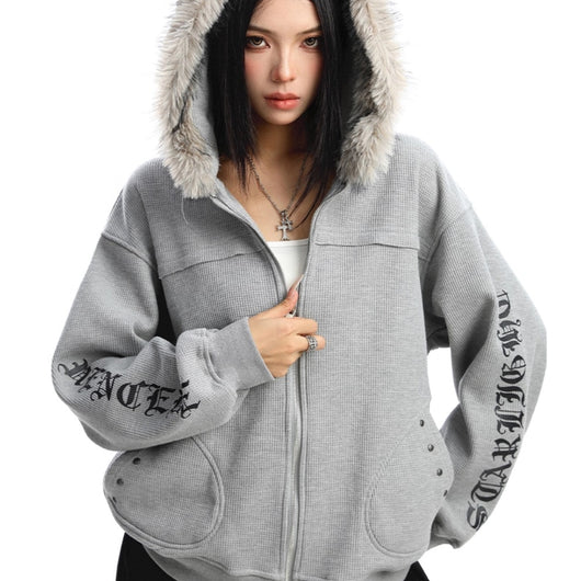 Cardigan Mujer con Cuello de Pelaje Desmontable y Cierre de Cremallera