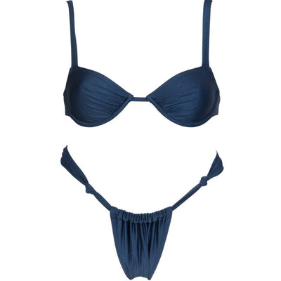 Women's solid navy blue nylon bikini suit with a balconette top and ruched thong bottom with tie sides. - Image 14