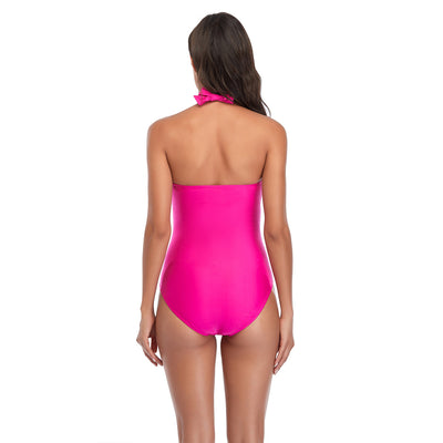 Woman wearing a red halterneck one-piece swimsuit with a V-neckline and ruched detailing on the torso. - Image 18