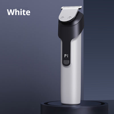 White electric hair clipper with a black top, silver blade, digital display, and power button on a dark base. - Image 5