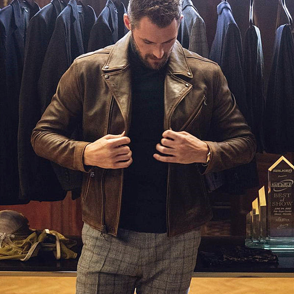 Chaqueta de Cuero Motociclista Vintage Desgastado para Hombre