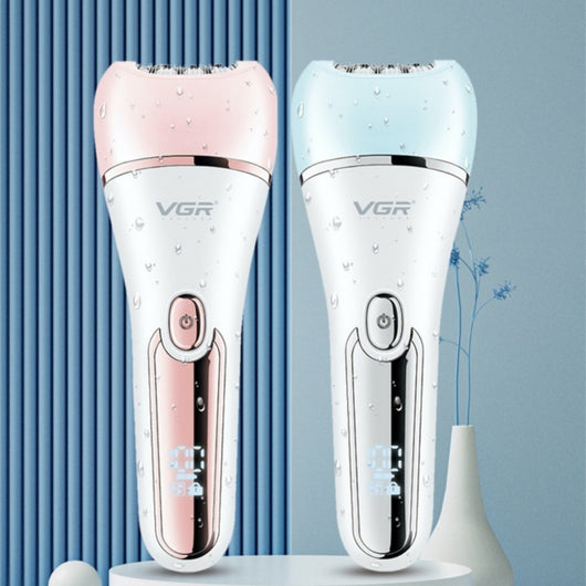 Six-in-one women's electric hair removal device suit in white and rose gold with multiple interchangeable heads.