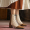 Botas de Cuero Retro con Bloque de Color, Punta Cuadrada y Tacón Grueso