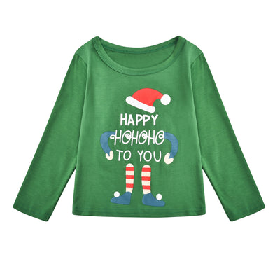 Matching green and red Christmas parent-child pajama set with 'Happy Hohoho To You' elf print tops and striped pants. - Image 22