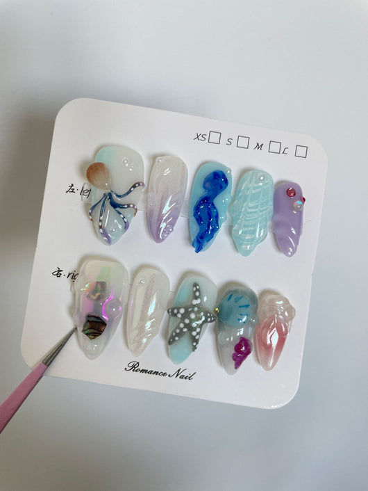 Uñas Postizas Artesanales Mundo Submarino Feliz Blanco - Manicura Larga Avanzada - Image 6