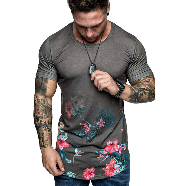 Camisa Estampada Flores Slim Fit Hombre Manga Corta Casual Plus Size