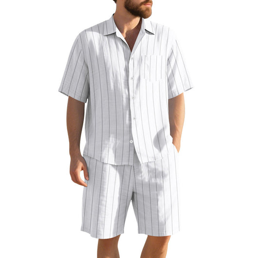 Conjunto de Dos Piezas: Camisa Jacquard a Rayas y Shorts para Playa - Image 3