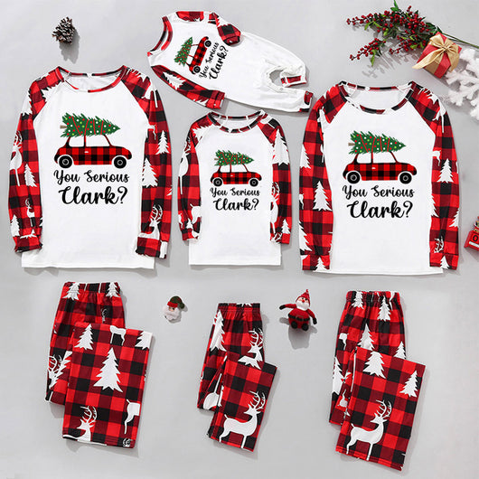 Matching family Christmas pajamas with red and black plaid, white trees, reindeer, and 'LOVE' with a gnome and leopard print. - Image 3