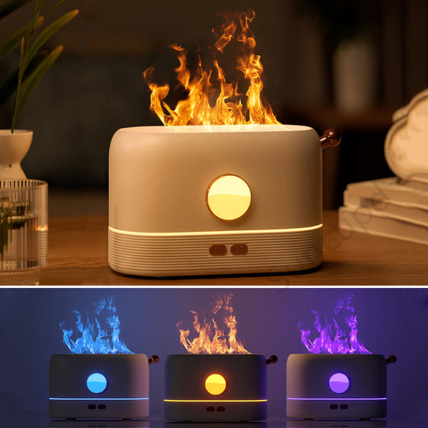 USB mosquito killer lamp with purple UV light and a white desktop humidifier with a simulated flame effect.