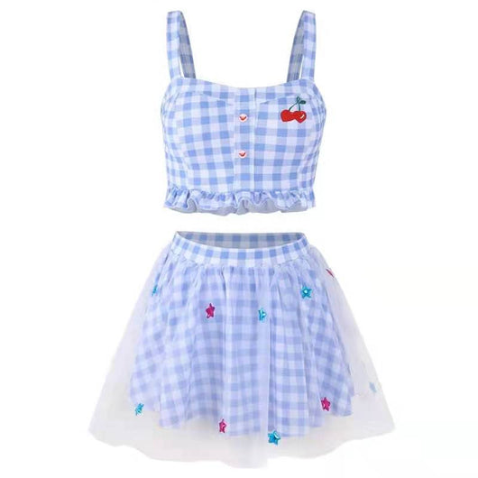 Sweet blue and white gingham two-piece swimsuit with cherry embroidered crop top and star-decorated skirt. - Image 4