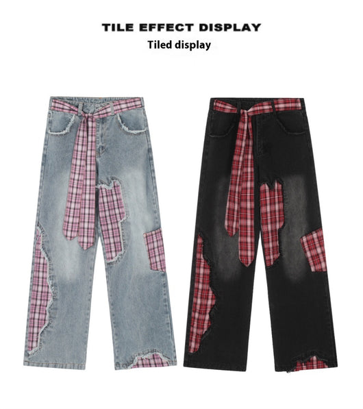 Pantalones Jeans Rectos Anchos para Mujer con Cuadros y Moño - Image 11