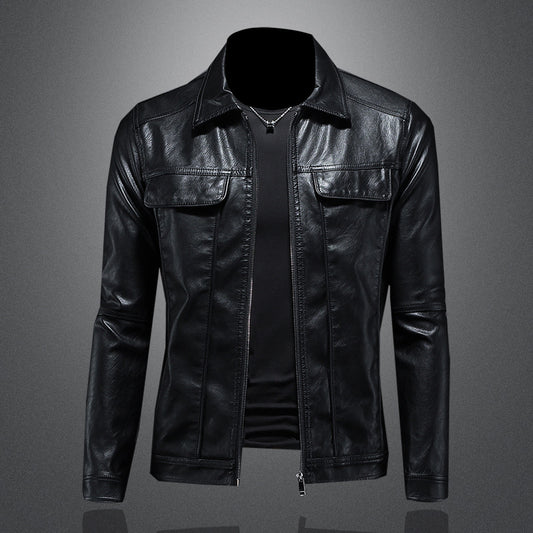 Chaqueta de Cuero para Motociclista con Solapa - Corte Slim