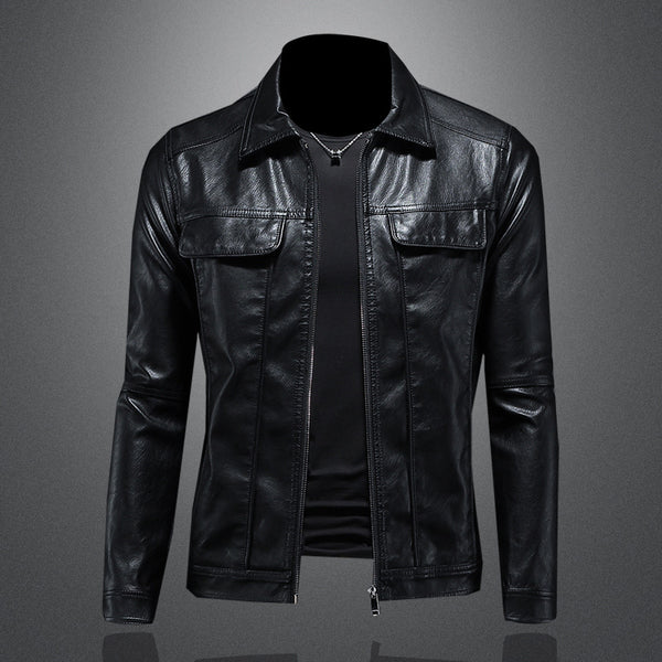 Chaqueta de Cuero para Motociclista con Solapa - Corte Slim