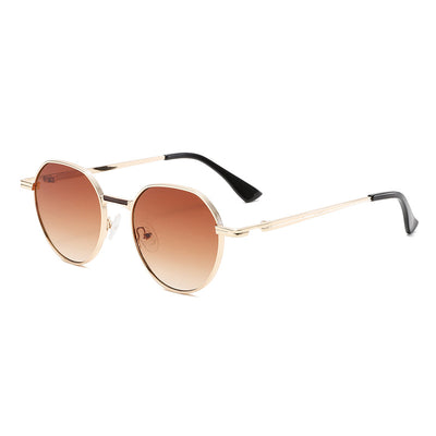 Round metal sunglasses with silver frames and dark gray lenses, featuring black temple tips, on a white background. - Image 8