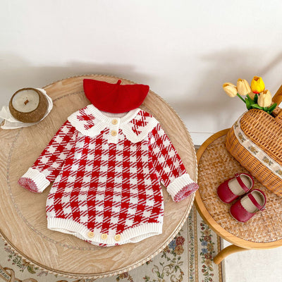 Mameluco Triangular de Punto para Bebé Niña - Diseño Cuadros Otoñal en Rojo - Image 17