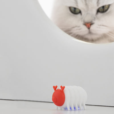 White and red interactive cat toy shaped like a segmented caterpillar with small legs and antennae. - Image 5