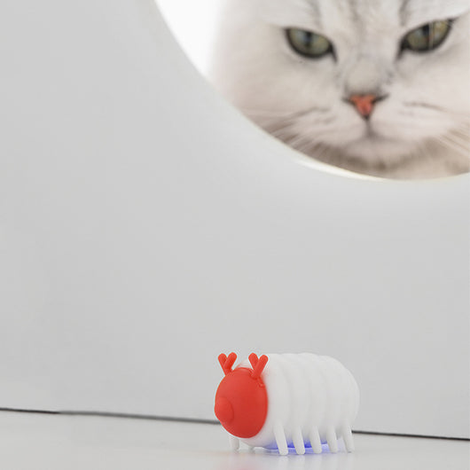 White and red interactive cat toy shaped like a segmented caterpillar with small legs and antennae. - Image 5