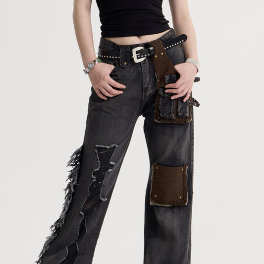 Jeans Retro Americano para Mujer con Parches de Borla y Costuras Decorativas