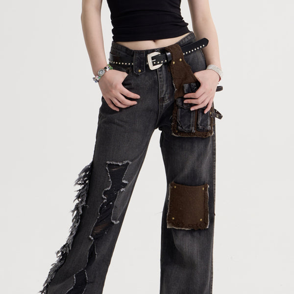 Jeans Retro Americano para Mujer con Parches de Borla y Costuras Decorativas