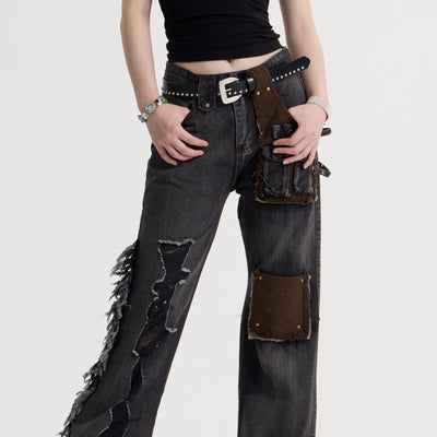 Jeans Retro Americano para Mujer con Parches de Borla y Costuras Decorativas
