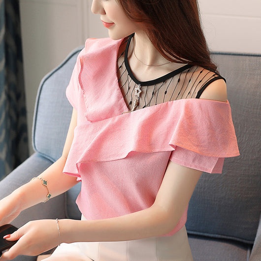 Blusa Chifón Manga Corta con Malla y Volantes - Image 2