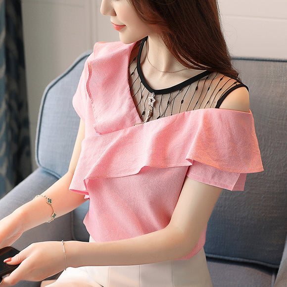 Blusa Chifón Manga Corta con Malla y Volantes