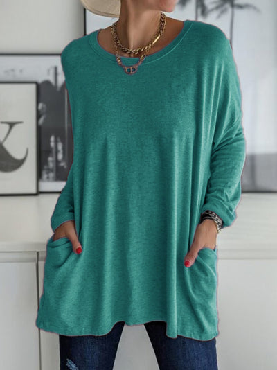 Blusa Suelta de Manga Larga y Cuello Redondo con Bolsillos - Colores Sólidos - Image 3