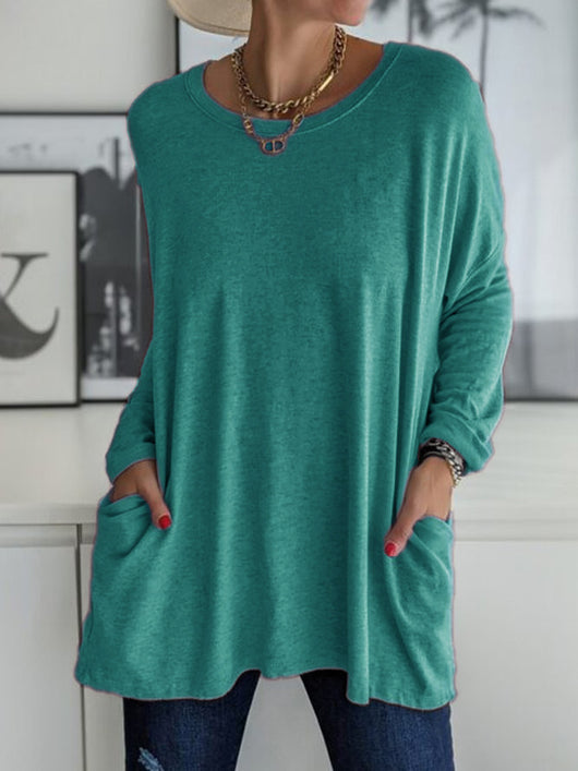 Blusa Suelta de Manga Larga y Cuello Redondo con Bolsillos - Colores Sólidos - Image 3