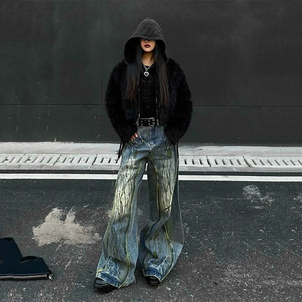 Jeans Holgados de Cintura Alta con Efecto Tinta Salpicada