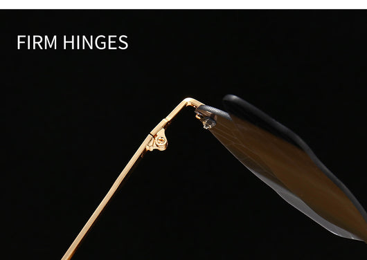 Frameless sunglasses with pink and orange-yellow dragonfly wing-shaped lenses and gold-colored metal temples. - Image 12