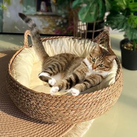 Cama Tejida para Gatos con Cojín Suave - Casa de Paja Ecológica Hecha a Mano