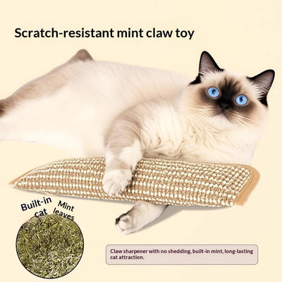 Beige and off-white woven catnip pillow toy, 34cm long and 9.5cm wide, with soft beige trim. - Image 3