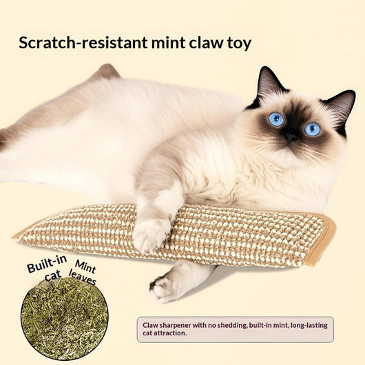Beige and off-white woven catnip pillow toy, 34cm long and 9.5cm wide, with soft beige trim. - Image 3