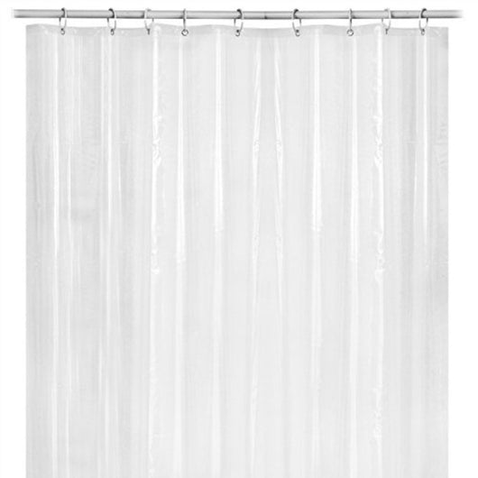 Transparent PEVA shower curtain with stainless steel grommets and hooks on a silver shower rod. - Image 2