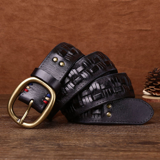 Cinturón de Cuero Tejido a Mano para Hombre con Hebilla de Latón Ajustable sin Perforaciones - Image 6
