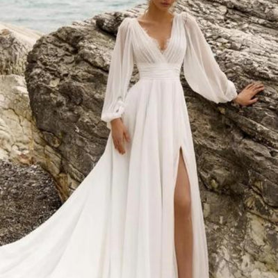 Vestido de Novia Elegante Talla Grande Cintura Alta Escote Profundo Manga Larga Espalda Descubierta