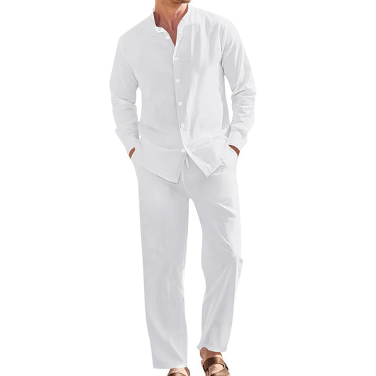 Conjunto de Camisa de Lino con Cuello Mao y Pantalón Holgado para Hombre - Image 5