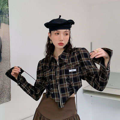 Camisa Cuadriculada Retro French Chic - Diseño Sofisticado para Otoño
