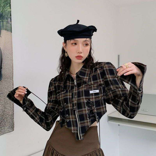 Camisa Cuadriculada Retro French Chic - Diseño Sofisticado para Otoño