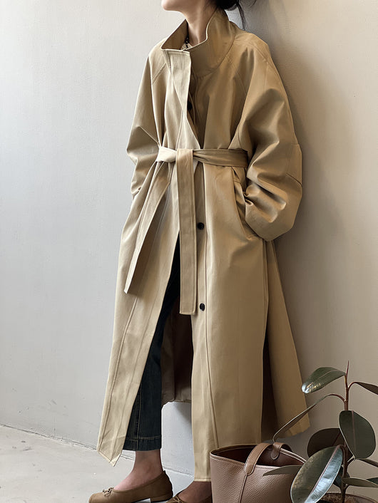Abrigo Trinchera Largo Mujer Cuello Alzado Oversized Abotonado Simple - Image 24