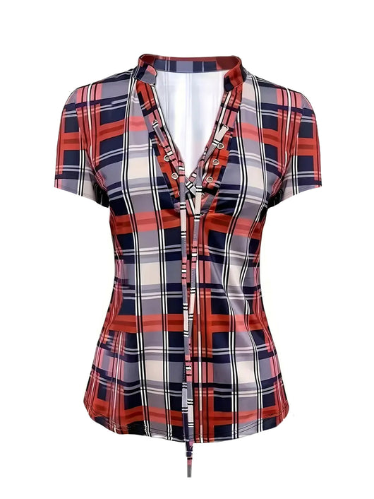 Blusa Cuadriculada con Cuello Camisero y Amarre en el Pecho - Image 11