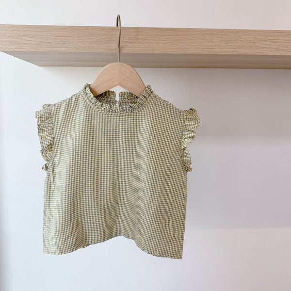 Blusa Sin Mangas a Cuadros con Detalles de Orejas de Madera y Encaje