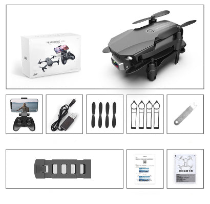 Gray folding drone with 4K camera, remote control, spare propellers, propeller guards, charging cable, and battery. - Image 18