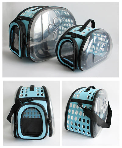 Gray and black pet carrier with a clear bubble window featuring paw prints and a mesh side for ventilation. - Image 23