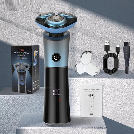Rechargeable electric shaver with 3D floating head, black to blue-orange gradient, LED display, shown with charging cable, cleaning brush, and blade cover.
